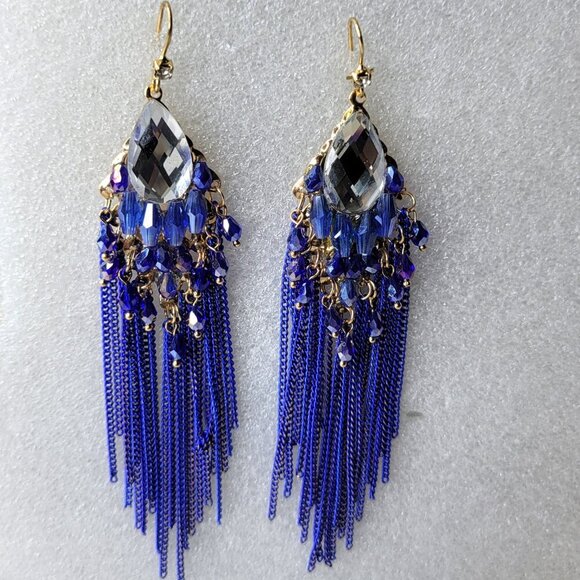 Blue Crystal Long Tassel Earrings - Picture 2 of 7